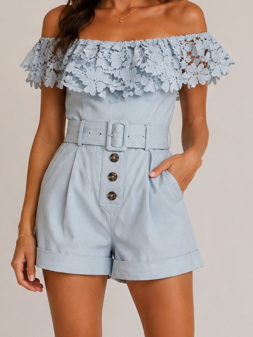 Venus Lace Romper Size 8 Blue Off Shoulder Belted Button Front Shorts NWOT